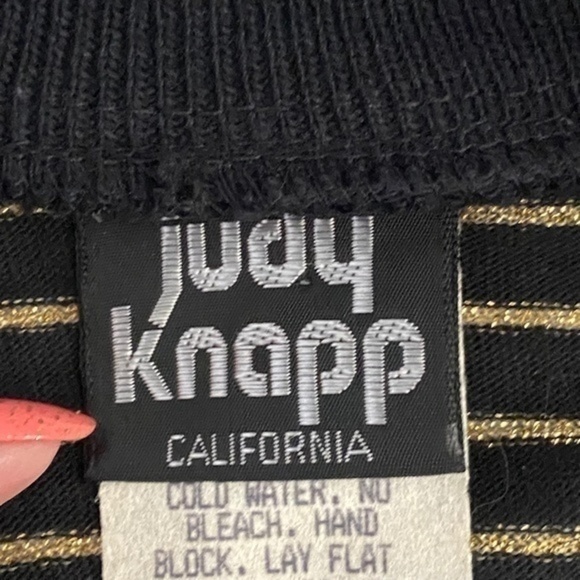 Judy Knapp Crop Cardigan Sweater Black and Metallic Gold Knit Stripe Vintage - Picture 14 of 15